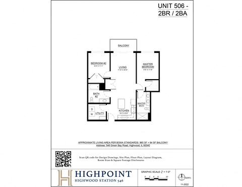 Floor plan for 2 beds, 2 baths, 1085 sqft